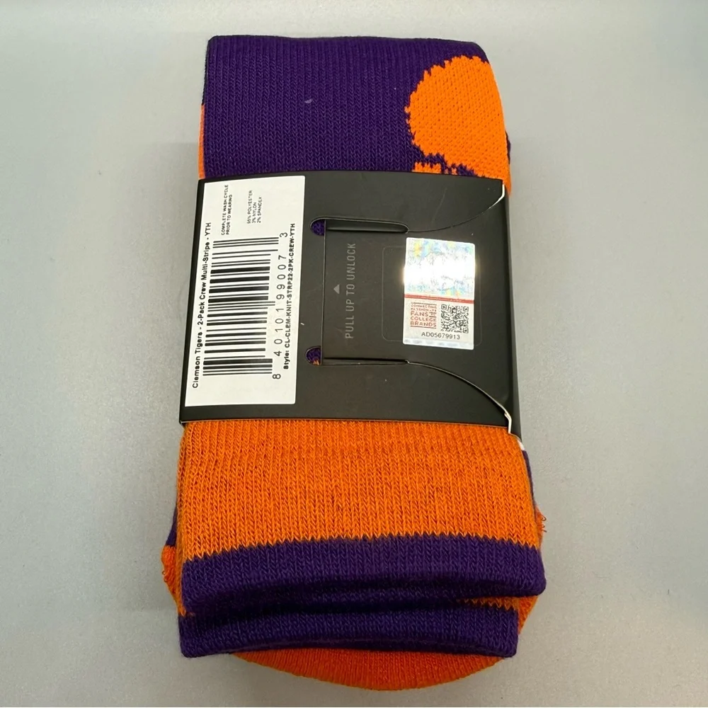 Rock Em Clemson Tigers Super Fan Crew Socks-Orange Purple 2-Pack Youth Large NWT